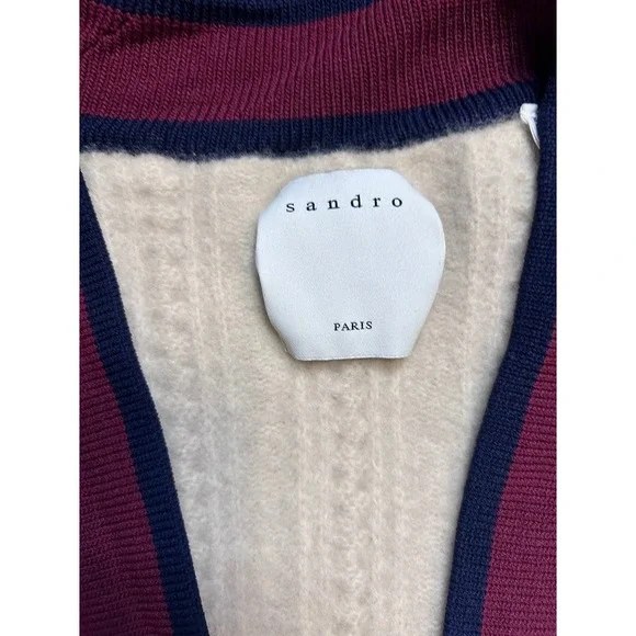 Sandro Paris Wool Cable Knit Cardigan Sweater Small Cream Burgundy - Picture 4 of 10